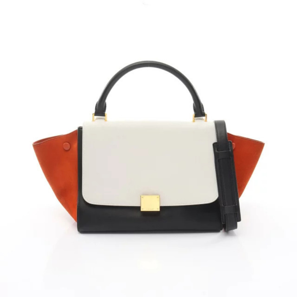 Celine Trapeze Handbag Leather Suede White Black Orange